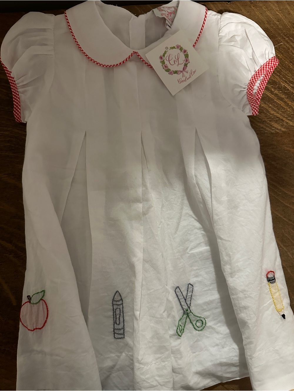 Back to School White Girls' School Embroidered Dress with Red Trim